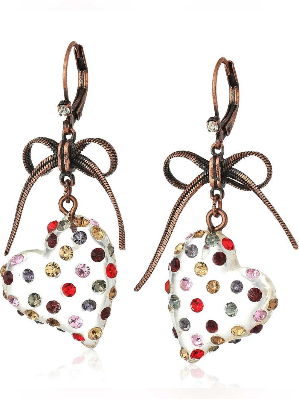 Betsey Johnson Crystal Polka Dot Heart Drop Earrings Bronze Bow Y2K